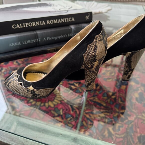 Marc by Marc Jacobs Peep‎ Toe Heels Black Suede SnakeSkin Print Sz EU 38 US 7.5 - Picture 7 of 12